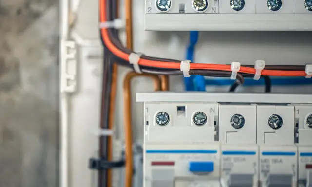 Nowoczesna instalacja elektryczna bezpuszkowa z uporządkowanymi przewodami w skrzynce rozdzielczej.