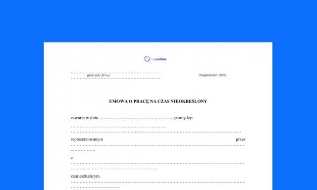 Formularz umowy o pracę na czas nieokreślony, gotowy do wypełnienia.