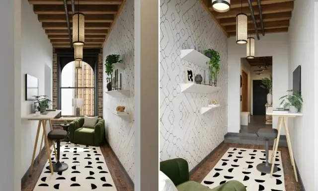Industriell inredning inspiration: En grön soffa, ett skrivbord med pall och en matta med grafiskt mönster i en modern hall.