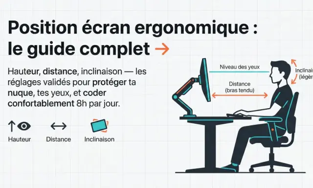 Guide pour la hauteur écran pc, distance et inclinaison. Optimisez votre poste de travail pour coder confortablement.