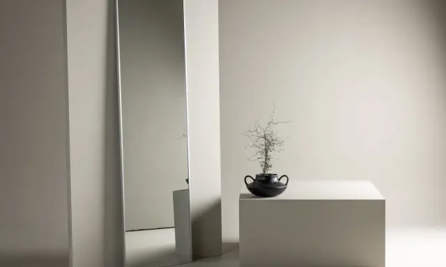 En lång, smal spegel ger spegel inspiration till ett minimalistiskt rum. En svart vas med en gren står på en vit kub.