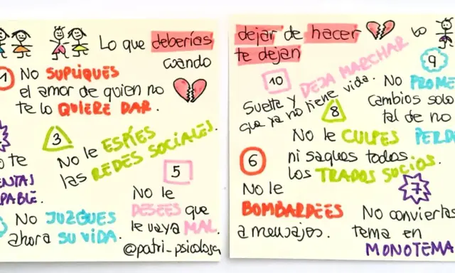 Listas de consejos para superar una decepción de pareja: no supiques amor, no te culpes, no juzgues, no espiar redes, no desees mal, no bombardees, no prometas cambios, suelta y deja marchar.