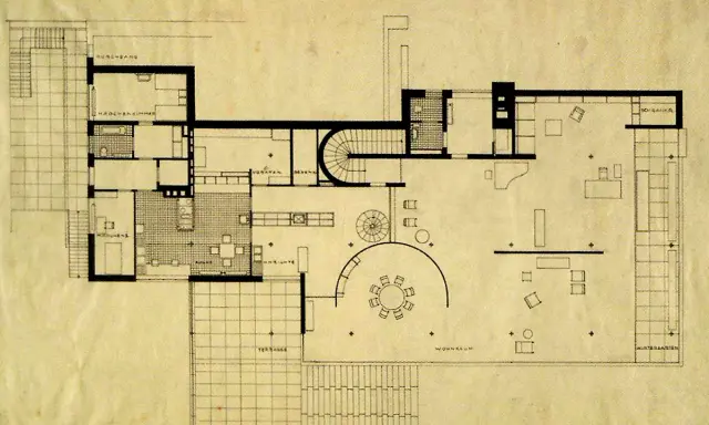 Pianta del piano terra della casa Tugendhat, con dettagli di stanze, scale e arredi.