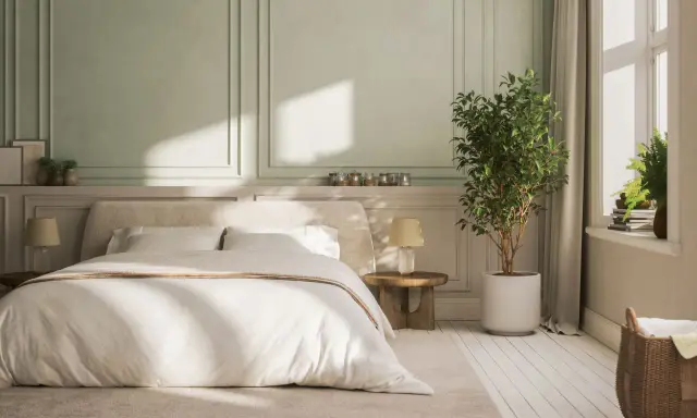 Chambre paisible avec lit douillet, murs aux moulures élégantes et une plante verte. Idée de deco peinture chambre pour une ambiance sereine.