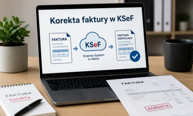 Korekta faktury w KSeF – schemat ilustruje proces wysyłki faktury korygującej do Krajowego Systemu e-Faktur.