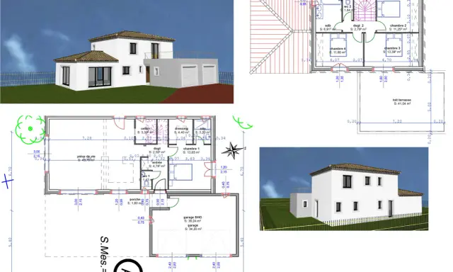 Plan d'une maison modulaire avec garage double, pièce de vie spacieuse, 4 chambres et terrasse sur le toit.
