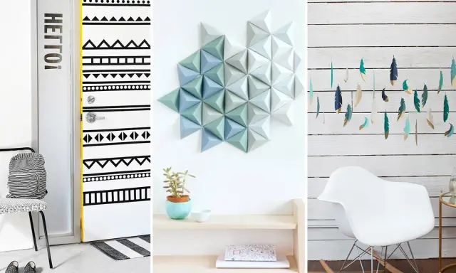 Inspirujące, ciekawe pomysły na robótki ręczne: ozdobione drzwi, geometryczna dekoracja ścienna i piórkowa girlanda.