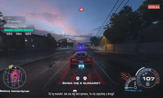 NFS Unbound: ucieczka przed policją, ścigany przez 2 gliniarzy, prędkość 107 mph.
