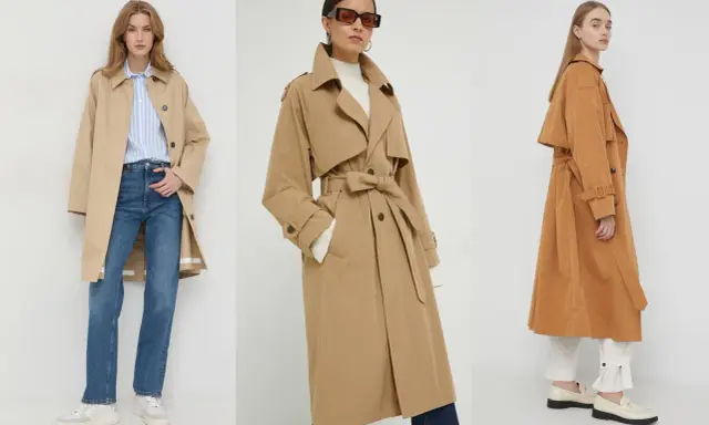 Trzy kobiety prezentują różne modele trenczy – klasyczny beżowy, elegancki camelowy i brązowy.