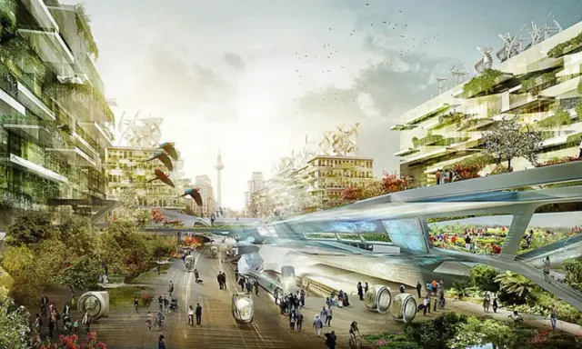 Futuristische autofreie stadt mit grünen Gebäuden, schwebenden Transportmitteln und vielen Menschen, die die Natur genießen.