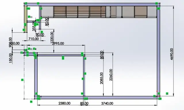 Rysunek techniczny z wymiarami, przedstawiający konstrukcję z elementami meblowymi. Widoczna jest nieprzekraczalna linia zabudowy, określająca granice projektu.