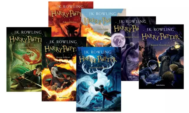 Kolekcja książek o Harrym Potterze, od ilu lat zaczyna się przygoda? Okładki przedstawiają magiczne sceny z różnych tomów serii.