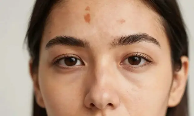 Gros plan sur le front d'une jeune femme, montrant plusieurs taches de soleil, des marques laissées par le soleil.