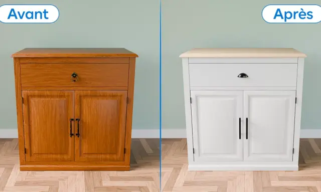 Avant/Après : un meuble en bois vernis transformé en blanc. Découvrez comment repeindre un meuble pour un relooking complet.