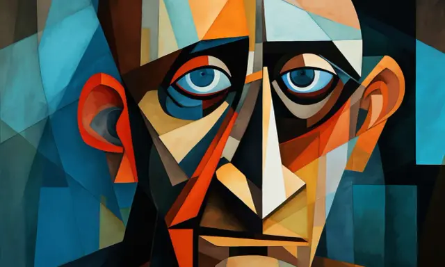 Ansikte i Picasso kubism, fragmenterat i geometriska former och starka färger.