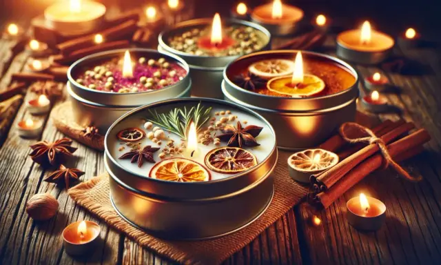 Bougies parfumées à l'huile essentielle, décorées d'agrumes séchés, d'épices et de romarin, sur fond de bois rustique.