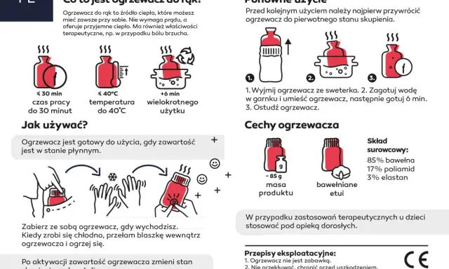 Ogrzewacz do rąk z blaszką: po przełamaniu aktywuje się, zmieniając stan skupienia i dając ciepło. Wielokrotnego użytku, działa do 30 min.