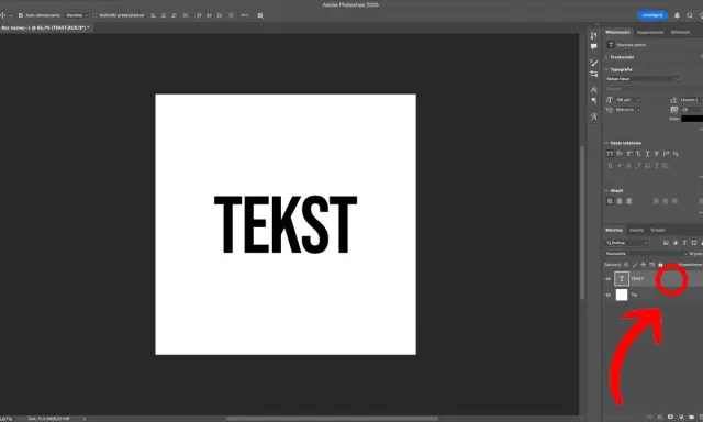 Ekran programu Photoshop z czarnym tekstem "TEKST" na białym tle i panelem warstw.