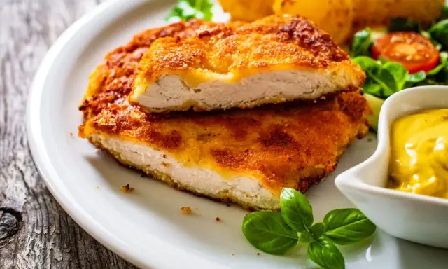 Pyszny kotlet po parysku, chrupiący i złocisty, podany z ziemniaczkami, sałatką i musztardą.