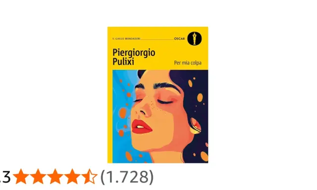 Copertina del libro "Per mia colpa" di Piergiorgio Pulixi, con un ritratto stilizzato di una donna e un punteggio di 4,3 stelle.