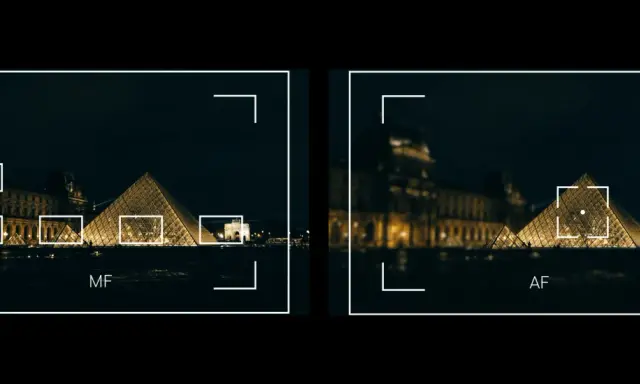 Scatti notturni del Louvre: a sinistra messa a fuoco manuale su più punti, a destra automatica sulla piramide.