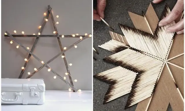 Étoile de Noël en bois et guirlande lumineuse, et une autre étoile en allumettes brûlées. Idées de deco de noel a faire soi meme pour adulte.