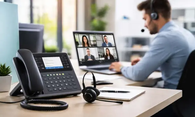Un homme en casque participe à une visioconférence. Un téléphone IP et un ordinateur portable sont sur le bureau, illustrant la **PABX définition** pour la communication d'entreprise.
