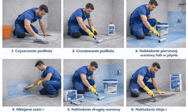 Instrukcja krok po kroku: czyszczenie, gruntowanie, nakładanie folii w płynie, wklejanie taśm i mankietów, a na końcu klejenie i układanie płytek. Kluczowa jest hydroizolacja łazienki.