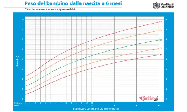 Grafico del peso neonato da 0 a 6 mesi, con curve di crescita percentili. L'asse X indica l'età, l'asse Y il peso in kg.
