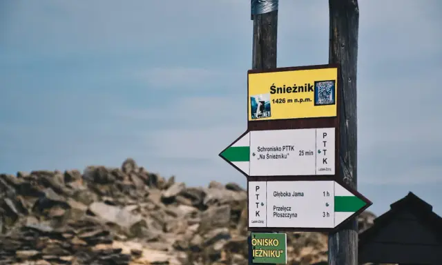 Znak drogowskazów na Śnieżnik, 1426 m n.p.m. Wskazuje drogę do schroniska "Na Śnieżniku" i na Przełęcz Płoszczynę.