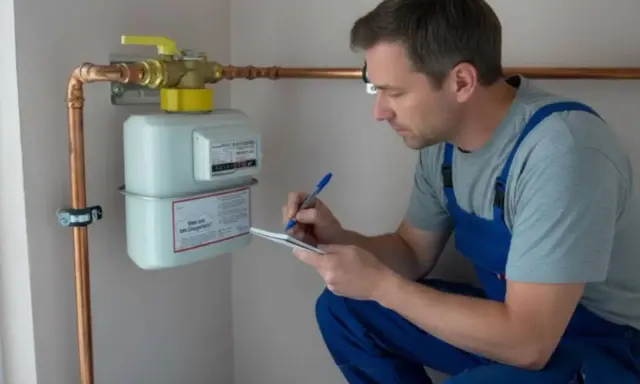 Handwerker notiert sich die **Gasanschluss Kosten** bei der Installation eines Gaszählers.