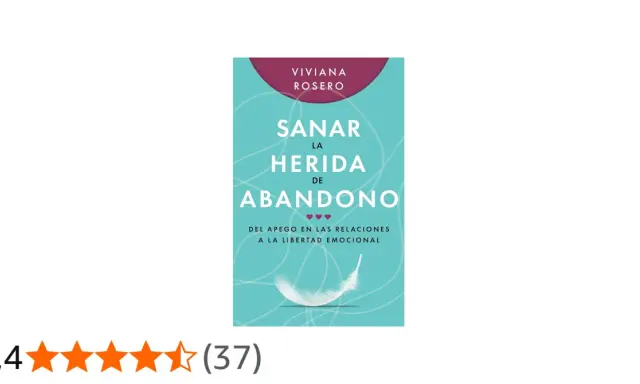 Portada del libro "Sanar la herida de abandono" de Viviana Rosero, con una pluma blanca y estrellas de valoración.