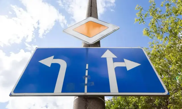 Znaki drogowe z białymi strzałkami na niebieskim tle. Jedna strzałka skręca w lewo, druga jedzie prosto i w prawo. Ladne literki informują o wyborze trasy.