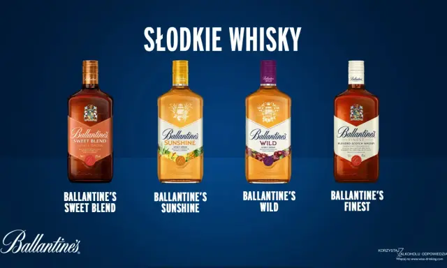 Cztery butelki whisky Ballantine's: Sweet Blend, Sunshine, Wild i Finest. Ballantine's 12 years to klasyka.