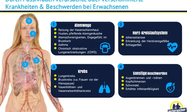 Illustration zeigt, wie Passivrauchen Asthma und andere Krankheiten verursacht.