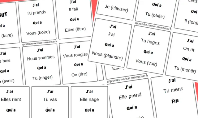 Cartes à jouer pour apprendre la conjugaison française. Elles présentent des pronoms et des verbes, comme "J'ai" ou "Tu vas", pour pratiquer la conjugaison.