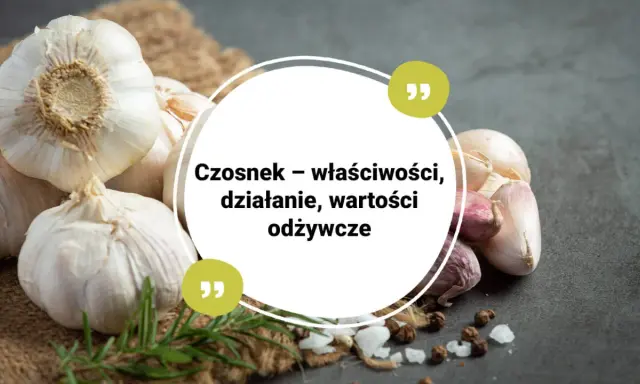 Główki czosnku na tle jutowego worka i ciemnego blatu. Tekst: "Czosnek – właściwości, działanie, wartości odżywcze". Czy czosnek jest zdrowy? Tak, to naturalny lek!