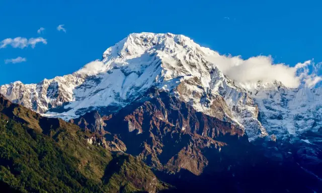 Majestatyczny szczyt w Himalajach 8091 m, pokryty śniegiem, góruje nad zielonymi zboczami.