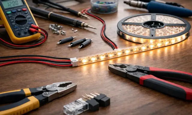 Narzędzia do elektryki i taśma LED na drewnianym blacie. Multimetr, lutownica, szczypce i złączki sugerują, jak podłączyć taśmę led do włącznika światła.