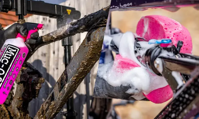 Schlammiges MTB wird mit pinkem Reiniger eingesprüht und dann mit einem Schwamm geschäumt. So wird das MTB reinigen zum Kinderspiel.