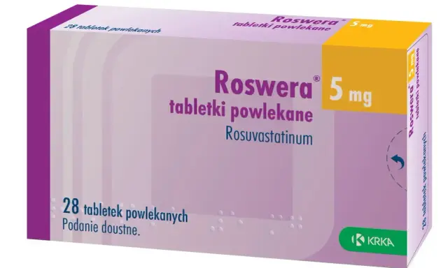 Opakowanie leku Roswera 5 mg, zawierające 28 tabletek powlekanych. Przed zastosowaniem należy zapoznać się z ulotką dotyczącą roswera skutki uboczne.