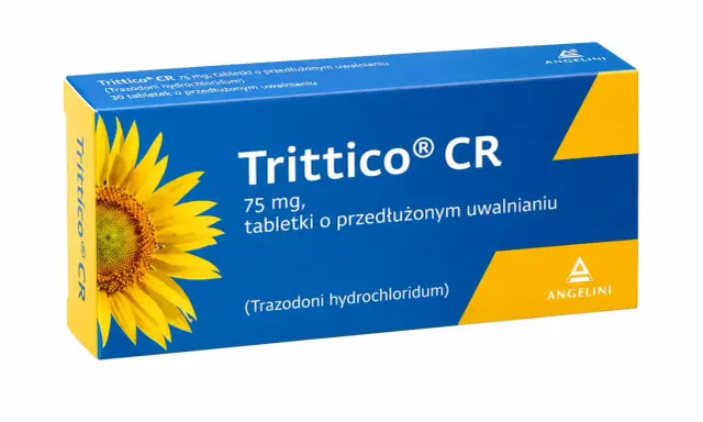 Opakowanie Trittico CR 75 mg, tabletki o przedłużonym uwalnianiu. Warto pamiętać o potencjalnych trittico skutki uboczne.