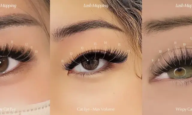 Trzy zbliżenia na oko z różnymi stylizacjami rzęs: Wispy Cat Eye, Cat Eye - Max Volume. Widoczne mapowanie długości rzęs.