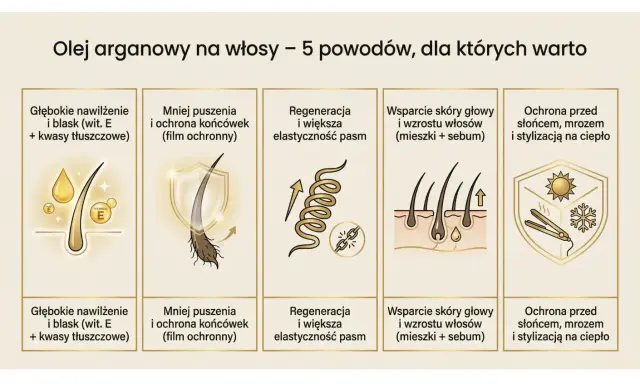 Olej arganowy do włosów: głębokie nawilżenie, mniej puszenia, regeneracja, wsparcie skóry głowy i ochrona przed słońcem, mrozem i stylizacją na ciepło.