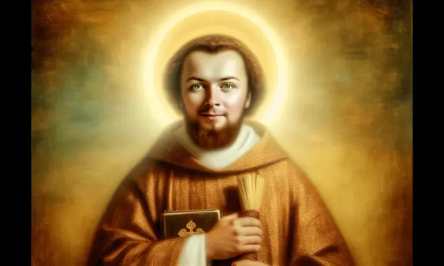 Święty Daniel patron, z aureolą, trzyma księgę i rózgę.