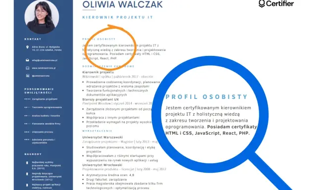 Profil osobisty: certyfikowany kierownik IT z wiedzą o tworzeniu i projektowaniu oprogramowania. Posiadam certyfikaty HTML, CSS, JavaScript, React, PHP.