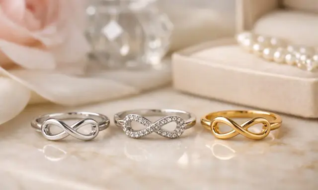 Tre anelli con simbolo dell'infinito, uno in oro, uno in argento con zirconi e uno in argento semplice. L'anello nodo d'amore significato è l'eternità.