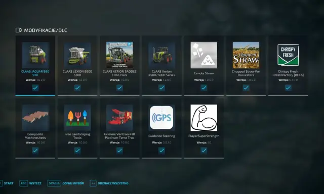 Menu modyfikacje/DLC do FS22: kombajny Claas, maszyny do słomy, narzędzia i inne mody.