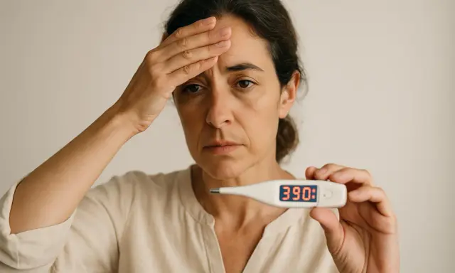 Donna con termometro digitale che mostra 39.0, fronte appoggiata sulla mano, segno di stanchezza cronica e malessere.