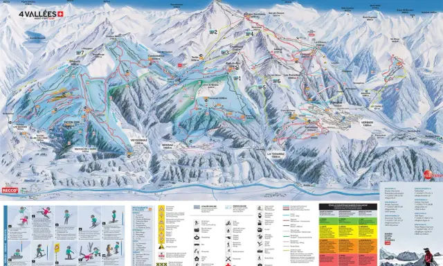 Mapa 4 doliny Szwajcaria: trasy narciarskie, wyciągi, restauracje i informacje o zagrożeniu lawinowym.